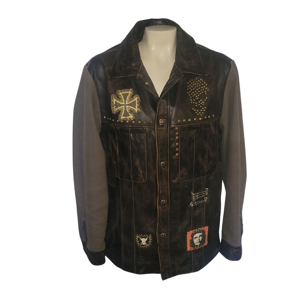 WILSON'S Vintage Distressed Leather Biker Jacket Studded Cross Punk Patch M